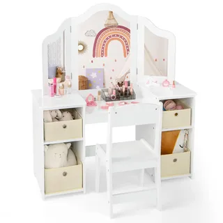 Generisch 2 in 1 Kinder Kosmetiktisch mit abnehmbarem Spiegel, Frisiertisch Prinzessin mit Stuhl, Schminktisch mit Aufbewahrungsboxen & offenen Fächern, Schminkkommode Holz für Mädchen (Weiß)