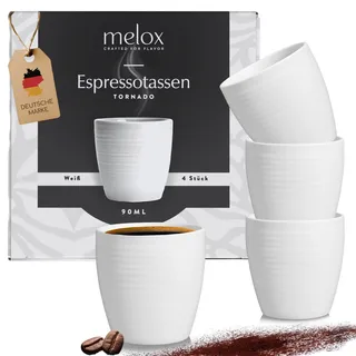 MELOX - 4er Set Espressotassen Tornado-Line Porzellan Weiß - 4 x 90ml für Kaffee, Espresso & Macchiato - Mokka-Tassen dickwandig (ohne Henkel) - Kaffee-Tassen Coffee Cup italienischen Design grifflos