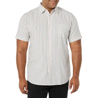Amazon Essentials Herren Kurzärmeliges Hemd aus Popeline, Schmale Passform, Rosa Grünblau Streifen, XL