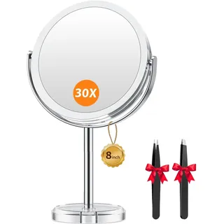 Vergrößerungsspiegel mit 30-facher Vergrößerung und Pinzette, 20 cm, doppelseitiger Spiegel mit 30-facher und 1-facher Vergrößerung, mit Standfuß
