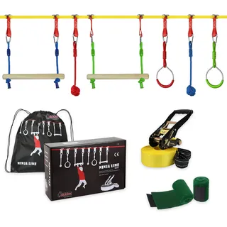 ALPIDEX Ninja Line Kinder Slackline Hindernisse Set Turnringe Seilknoten Schaukel Kletterleiter Zubehör Erweiterbar Warrior Parcours 7 Jahre Garantie auf Material*, Stil:Basic