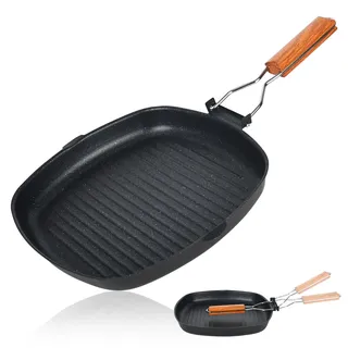YYTECH Grillpfanne Induktion, 28 x 28 CM Steakpfanne, Grillpfanne Gusseisen, Antihaft-Grillpfannes Mit Klappbarer, Grillpfannes Pfanne Stone Square Grill Pfanne, Bratpfanne zum Fleisch, Kochen
