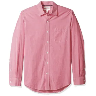 Amazon Essentials Herren Langärmeliges Hemd aus Popeline, Schmale Passform, Rot Vichy-Muster, S