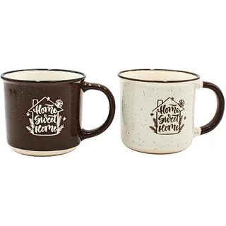 Dekohelden24 Porzellan Kaffeetassen als 2er Set, in beige und braun mit Auschrift Home Sweet Home, Größe L/B/H 12 x 9 x 8 cm. Fassungsvermögen ca. 300ml