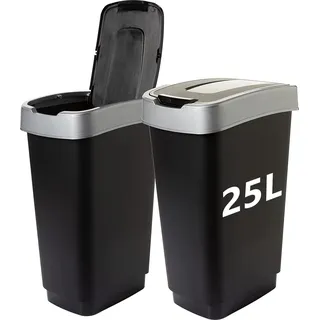 Küchenmülleimer mit Schwingdeckel, 2 Fächer, Set für Mülltrennung, schwarz/silber - Schwarz