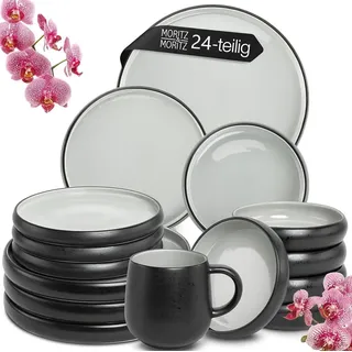 Moritz & Moritz Steingut Geschirrset 6 Personen mit Tassen Grau 24-teilig - Mikrowellen- & Spülmaschinenfest - Steingut Geschirr Set - Serie Solid Uni