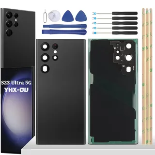 YHX-OU 6.8'' Schwarz Akkudeckel für Samsung Galaxy S23 Ultra 5G SM-S918B SM-S918U Rückseite Glas Backcover Back Glas Ersatz Reparatur Rückseite Set mit Kameraobjektiv + Werkzeug