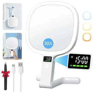 Auxmir 30X/1X Kosmetikspiegel mit Beleuchtung LED Display für Zeit/Akku/Helligkeitsstufe, 2500mAh Schminkspiegel mit 3 Farben, Faltbar Tragbar Reisespiegel Tischspiegel USB Aufladbar für Zuhause Reise