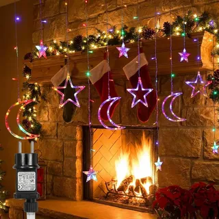3M Stern Mond Lichterkette Vorhang Bunt Lichtervorhang 124 LED Sternenvorhang 8 Modi Weihnachtsbeleuchtung Weihnachten Party Fenster Innen Deko Licht - Bunt