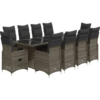 vidaXL 11-tlg. Garten-Bistro-Set mit Kissen Grau Poly Rattan - Grau