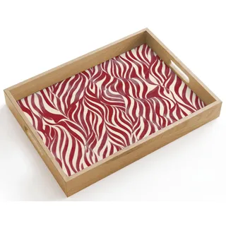 OnlyWow© Serviertablett Servierplatte Eiche Holz Tablett Mit Henkel Tray | 40x30 cm - Rechteckig - Kratzfest Kaffeetablett Tabletts Teetablett Gewellte Formen - Abstrakt - Rot