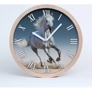 Holzuhr 30fi cm wanduhr - weiße Spitzen - weißes Pferd in Galopp - Weiß