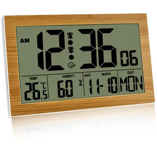 Digital Wanduhr Funk mit Temperaturanzeige und Feuchtigkeitsanzeige, 20,1 x 12,4cm Luftfeuchtigkeit Wecker 12/24 Stunden für Schlafzimmer, Wohnzimmer, Büro Schule