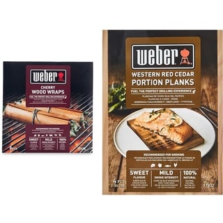 Weber 17628 Wood Wraps aus Kirschholz, 8 Stück, Räuchern, Aroma & 17832 Räucherbretter aus Zedernholz 11x15 cm, 4 Stück, Räuchern, Aroma, Grillen