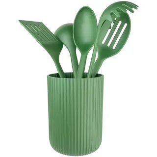Grunwerg Greenworks Küchenhelfer-Set aus recyceltem PET, 5-teilig | Grün, mit Suppenkelle, Spaghettilöffel, Schlitzlöffel, Servierlöffel, Pfannenwender und Behälter