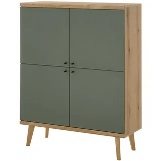 Furn.Design Highboard Salbei grün, Eiche Evoke, skandinavisch 107 cm, Kommode mit viel Stauraum , Salbeigrün, Eichefarben , Metall , Nachbildung, Echtholz,Eiche , Holz Optik, Uni , 4 Fächer , Rechteckig , rund , 107x134x40 cm , FSC 100% , Kleinmöbel, Kommoden, Highboards
