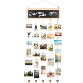 Fotovorhang Bilderrahmen mit Klammern und Leine DIY Fotowand Fotoseil mit 30 Holzklammern und Holzplatten, Fotohalter Wand zum Postkarten Aufhängen Kreative Foto Aufhänger Dekoration für Wohnzimmer, S