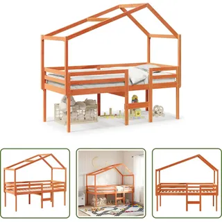 The Living Store Hochbett mit Dach Wachsbraun 90x190 cm Massivholz Kiefer - Braun