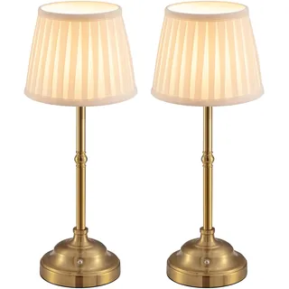 VISDANFO LED Tischlampe Kabellos 2er Set, Dimmbare Vintage Nachttischlampe, Retro Tischlampe Akku, 4000mAh Batteriebetrieben, Geeignet Für Innen, Outdoor, Bar, Wohnzimmer (Gold + Beige Shade)