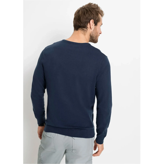 Strickpullover BONPRIX "Feinstrickpullover in Regular Fit", Herren, Gr. 60/62 (XXL), blau (dunkelblau), Strick, Obermaterial: 70% Baumwolle, 30% Polyamid, unifarben, regular fit hüftlang, V-Ausschnitt, Strickbündchen, Pullover Strickpullover, aus Feinstrickmaterial, mit V-Ausschnitt, Regular Fit