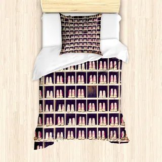 ABAKUHAUS Bowling-Party Bettbezug Set, Sammlung Bowlingschuhe in ihrem Gestell-Weinlese-Art-Druck, 135 x 200 cm + 80 x 80 cm, Pale Gelb Rot Schwarz