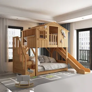 Hausbett Hochbett Spielbett Etagenbett Kinderbett 1500x2000mm Rutschen+Stufen mit Stauraum Birkenholz farbe - Braun