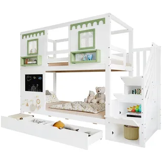 Beaok Hausbett 90/200 cm in Weiß/Grün mit Treppenregal und 2 Schubladen , Holz , 90x200 cm , Babymöbel & Kindermöbel, Kinderzimmer & Jugendzimmer, Kinderbetten, Spielbetten