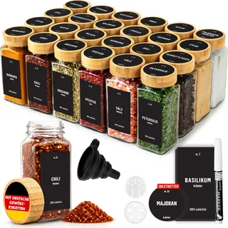 Deco haus Gewürzgläser Eckig Luftdicht - 24 Set Gewürzdosen + 280 Etiketten