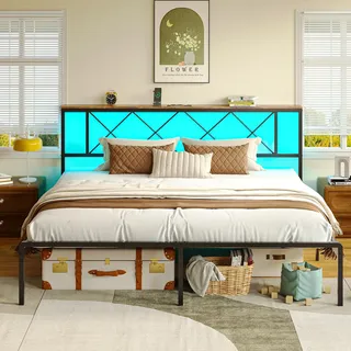 IRONCK Bett 180x200 mit LED Beleuchtung, Bettgestell 180x200 mit Steckdose, 1 USB, 1 Typ-C-Anschlüsse, Metallbett mit Kopfteil und Stauraum, Jugendbett, Doppelbett mit Metal Lattenrost