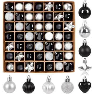 62 STK Weihnachtskugeln Klein & Sterne & Herz Set - 3cm Kunststoff Christbaumkugeln Schwarz Silber Mini Weihnachtsbaumkugeln Bruchsicher mit Geschenkpaket,Christbaumschmuck Deko Weihnachten