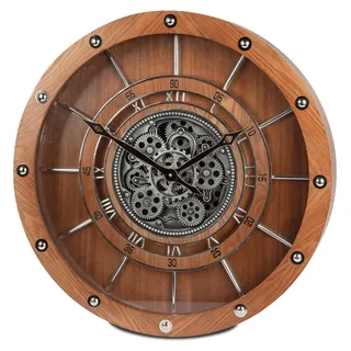 formano Wanduhr 60cm mit drehenden Zahnrädern Braun Silber Industrial Stil Holz - Bunt