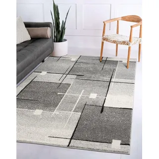 The CarPET Pearl – Moderner Kurzflor Teppich, dichter Flor, geometrisches Muster, Konturenschnitt, Wohnzimmer & Schlafzimmer Teppich, Kariert, Grau, 80 x 140 cm