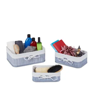 Relaxdays Aufbewahrungskorb 3er Set, Bambus, Stoff, eckige Aufbewahrungsbox für Regal & Schrank, 3 Größen, grau/creme