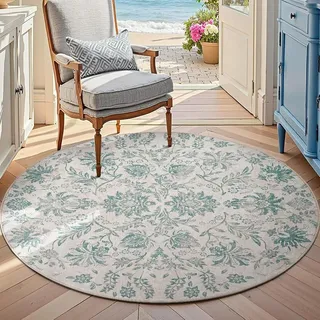 Generisch Teppich Rund,Vintage, klassisches, florales, orientalisches, traditionelles Muster, Blaugrün, ø 90 cm, waschbarer Teppiche fürs Sofa Sessel modernes Zimmerdekor badezimmerteppich,