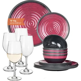 Melamin Camping Geschirr Set 4 Personen Stone Red + 4 Tiamo Weiß Weingläser Tafelgeschirr Picknick BBQ Kochgeschirr