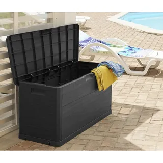 Kissenbox , Anthrazit , Kunststoff , Holz , 1 Fächer , 117x56x45 cm , Deckel, rollbar, UV-beständig, absperrbar , Gartenzubehör, Kissenboxen