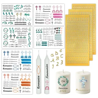 Kommunionkerze Bastelset DIY, Kerzentattoos, Wachsbuchstaben Gold & Wachsplatten für Kerzen, Taufkerze & Konfirmationskerze Selber Machen, Kerzen Deko Set für Kommunion Junge Mädchen
