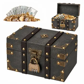 Spetsbst Schatztruhe Holz, Vintage Schatzkiste Holztruhen mit Zahlenschloss | Holz Aufbewahrung für Schatzsuche/ Piratenspiele/ Geschenkboxen/ Mottopartys
