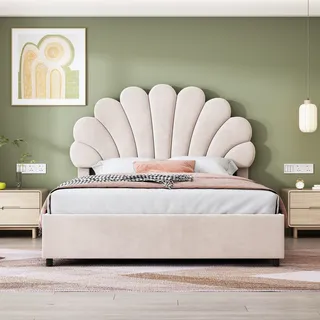Flieks Polsterbett 140x200cm mit Lattenrost, Doppelbett Jugendbett Kinderbett mit Stauraum, Hydraulisches Boxspringbett Holzbett Stauraumbett, Samt - Beige