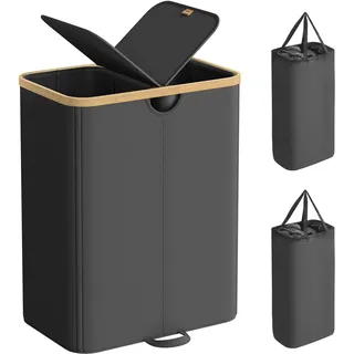 SONGMICS Wäschekorb 2 Fächer, Wäschesammler, 150 Liter, Wäschesortierer mit Deckel, Wäschetonne, Wäschesäcke herausnehmbar, für Waschküche, Schlafzimmer, Wohnzimmer, tintenschwarz-naturbeige LCB523B01