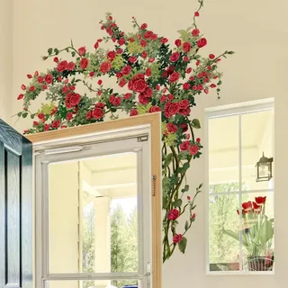Runtoo Wandtattoo Rosen Rot Groß Wandsticker Blumen Pflanzen Blätter Wandaufkleber Schlafzimmer Wohnzimmer Tür Wanddeko