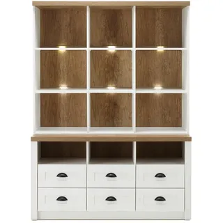 Furn.Design Buffetschrank weiß Pinie, Eiche hell Landhaus, Buffet 130 x 179 cm , Holzwerkstoff , Nachbildung,Pinie , 6 Fächer , 6 Schubladen , Sockel , 130x179x43 cm , FSC 100% , Esszimmer, Anrichten, Buffetschränke