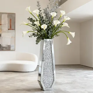 SHYFOY Bodenvase Groß 61,5cm Hoch, Große Vase aus verspiegeltem Glas, Große Vasen für Boden mit Kristall Diamant Dekoration, XXL Deko Bodenvasen für Pampasgras, Silber