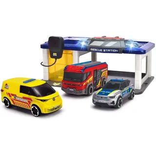 DICKIE Toys - S.O.S Station für Kinder ab 3 Jahre (31x22 cm) mit 3 Spielzeug-Autos (Polizeiauto, Krankenwagen, Feuerwehrauto), Feuerwehr- & Polizeistation mit Licht & Sound, inkl. Batterienrien