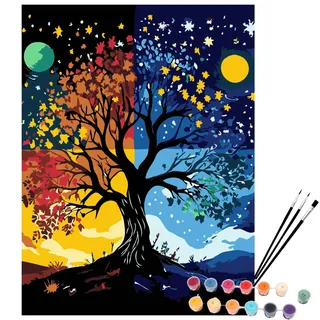 EXERZ Malen-nach-Zahlen-Set, 30 x 40 cm Leinwand mit Acrylpigmenten, Pinseln und Zubehör (Baum)