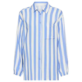 Pyjamaoberteil S.OLIVER, Damen, Gr. 36, blau (blau gestreift), Web, Obermaterial: 100% Viskose, gestreift, hüftlang, V-Ausschnitt, elastischer Bund mit innenliegendem Gummizug, Shirts Pyjamaoberteil, mit breiten Streifen