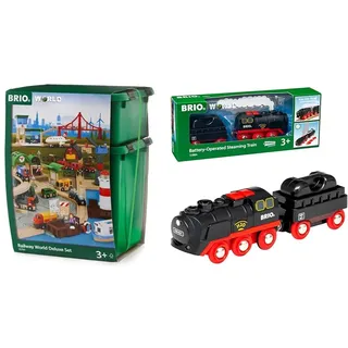 BRIO 33766 - Großes Premium Set, Kunststoffboxen, Bauernhof Tiere & World 33884 Batterie-Dampflok mit Wassertank