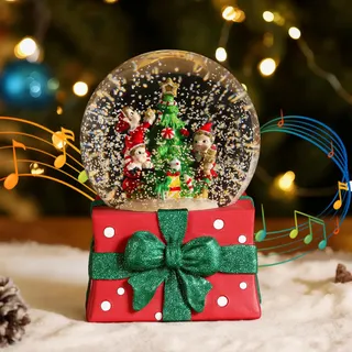 Lewondr Weihnachts-Schneekugel mit Musik und Licht, Geschenkbox und DREI Zwerge Elektrische Schneekugel mit Wirbelnden Schneeflocken & 8 Lieder, Batterie & USB Betriebene Weihnachts-Wasserkugel