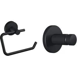 tesa MOON BLACK Toilettenpapierhalter, matt schwarz & MOON BLACK Handtuchhaken, matt schwarz, für Bad & WC - für Bäder im Industrial Style und Moderne Badezimmer - 37 mm x 37 mm x 36 mm
