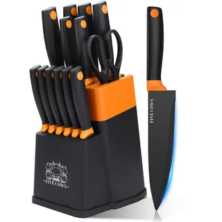 FIVE COWS Messerblock Set, mit 14-teilige, Küchenmesser Set, mit Selbstschärfender Messerblock, mit steakmesser und Schere, Schwarze Beschichtung verhindert Oxidation, für den Küchengebrauch(Orange)